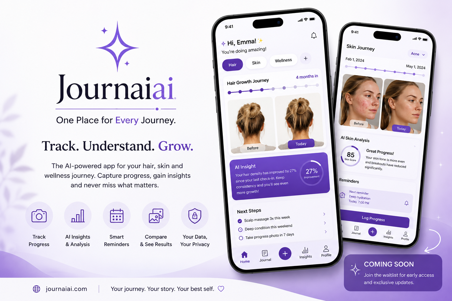 Journae — Track. Understand. Grow. AI-powered tracking for hair, skin and wellness with before/after comparisons and AI insights
