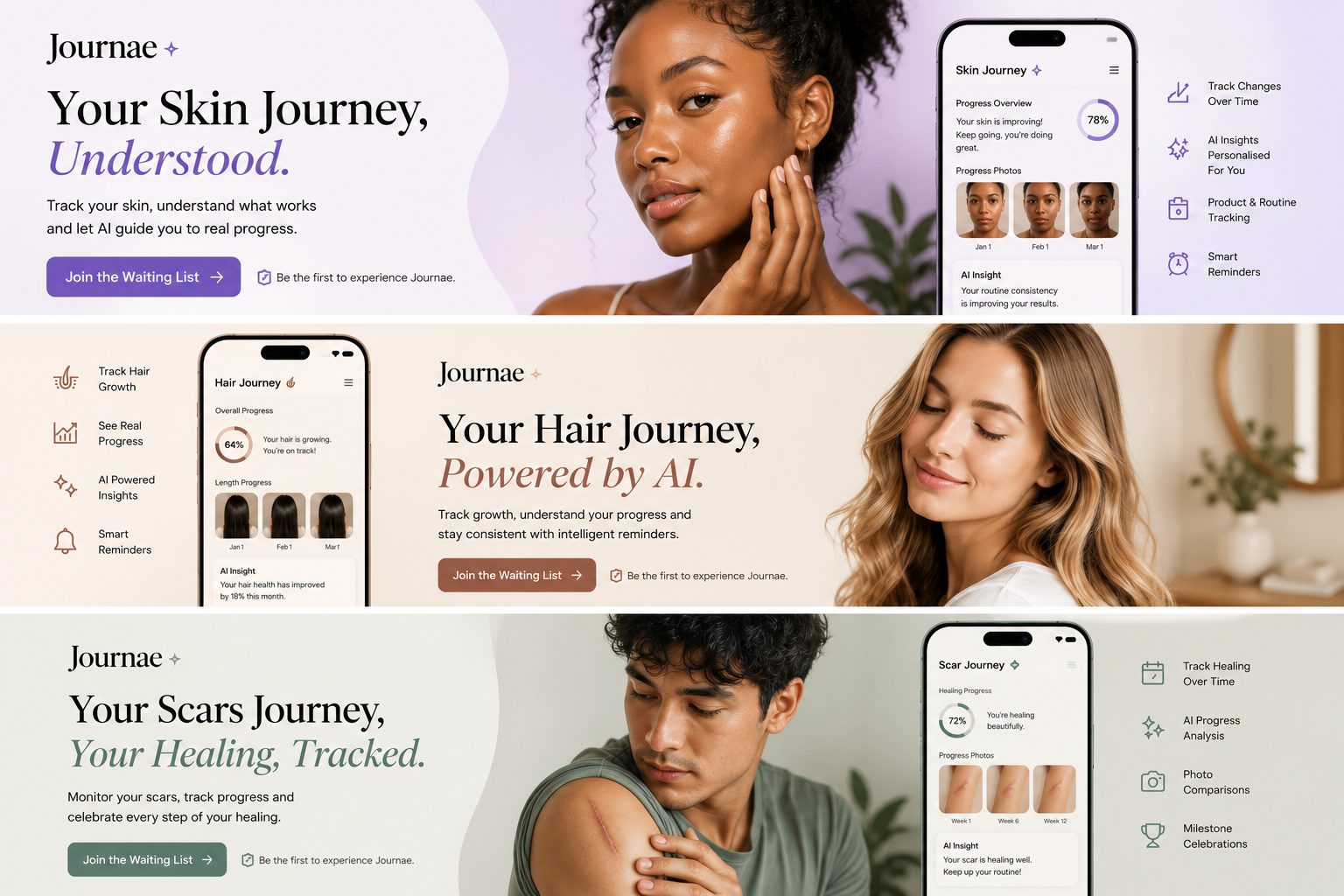 Journae journey banners — Your Skin Journey Understood, Your Hair Journey Powered by AI, Your Scars Journey Your Healing Tracked