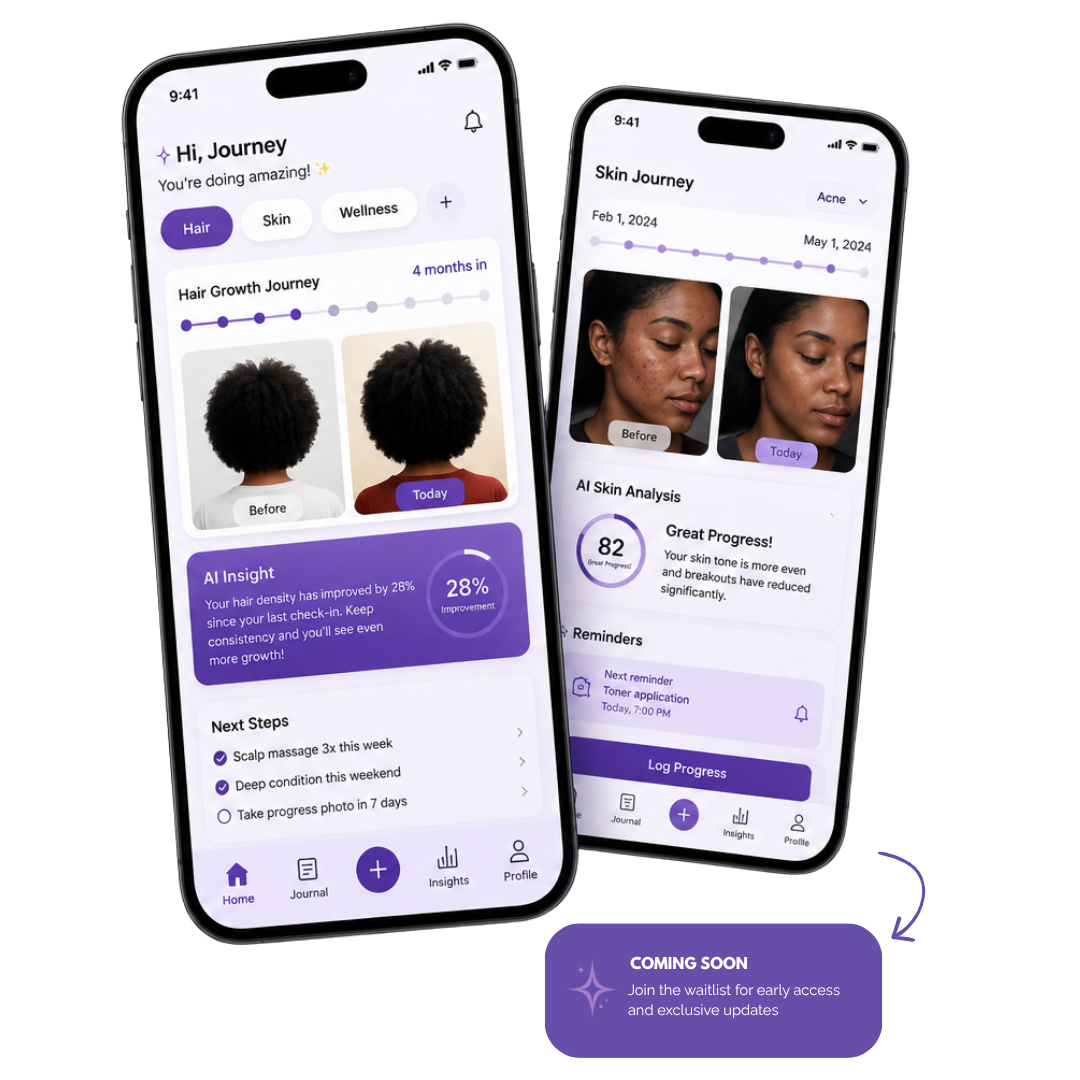 Journae app showing Hair Growth Journey and Skin Journey screens with AI insights
