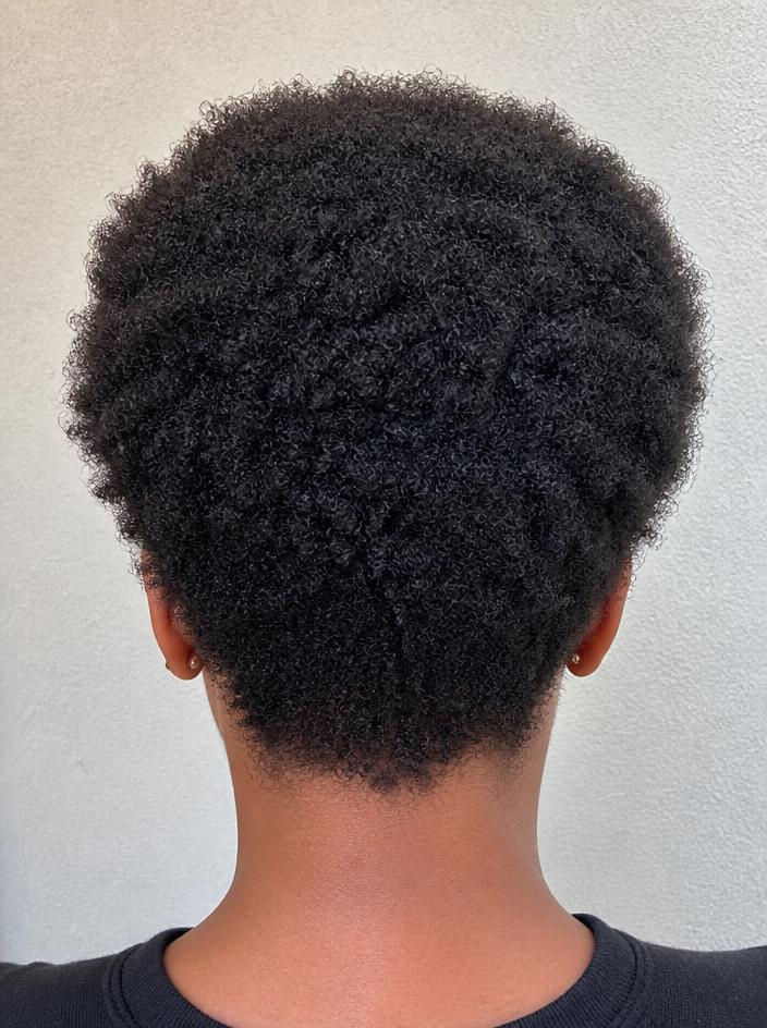 Back of the same woman's head showing longer, fuller natural hair four months later