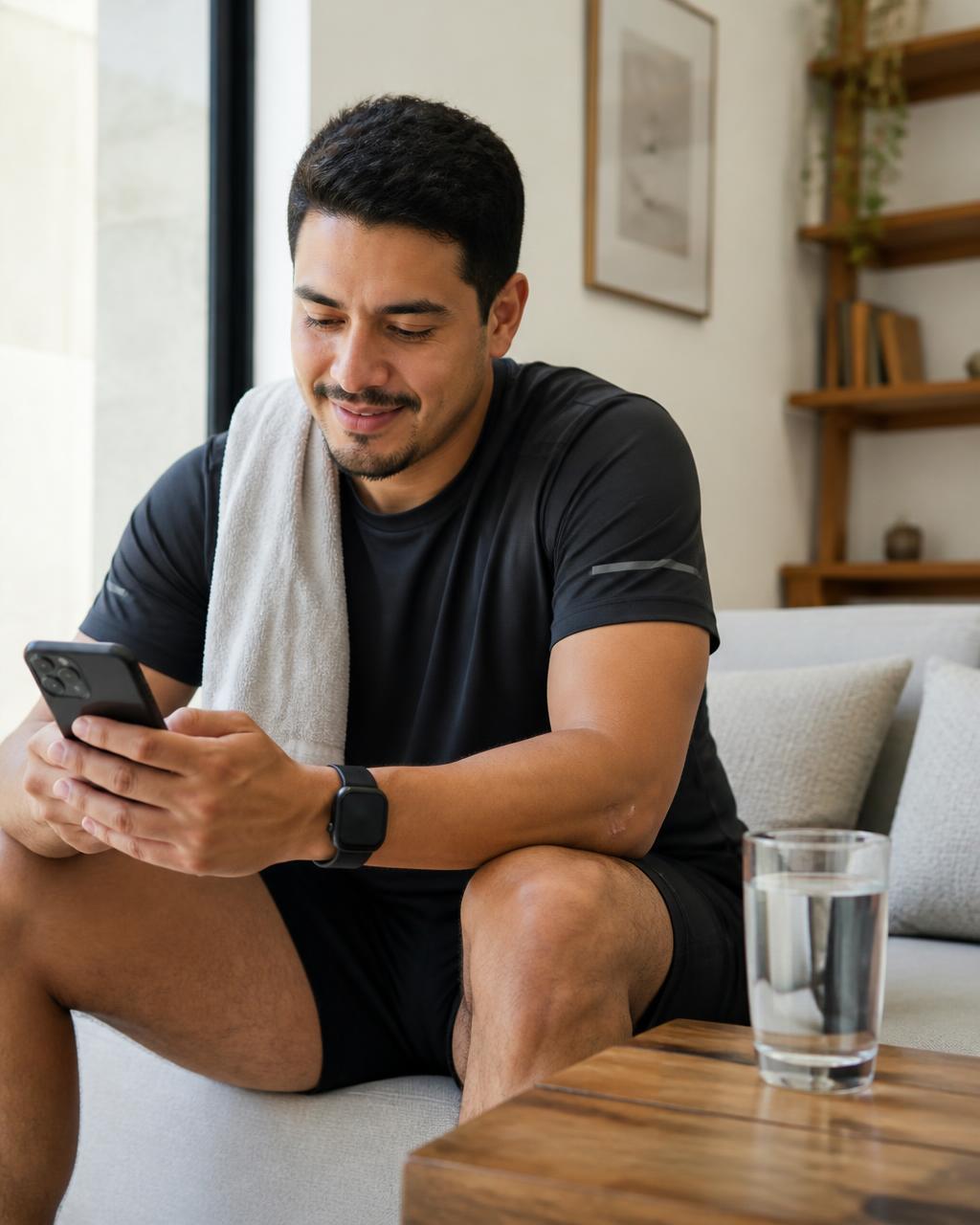 A man in sportswear reviewing his recovery progress in the Journae app after exercising at home